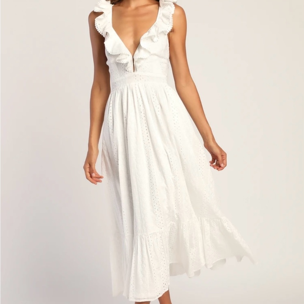 Sicilian Sun White Eyelet Embroidered Ruffled Lace up midi dress
